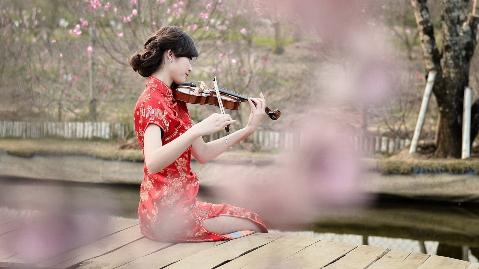 Pretty Asian Girl Violinist wallpaper 1600x900