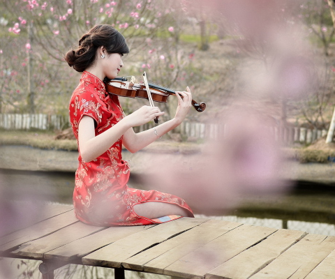 Обои Pretty Asian Girl Violinist 480x400