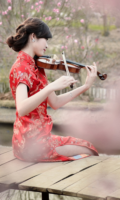 Das Pretty Asian Girl Violinist Wallpaper 480x800