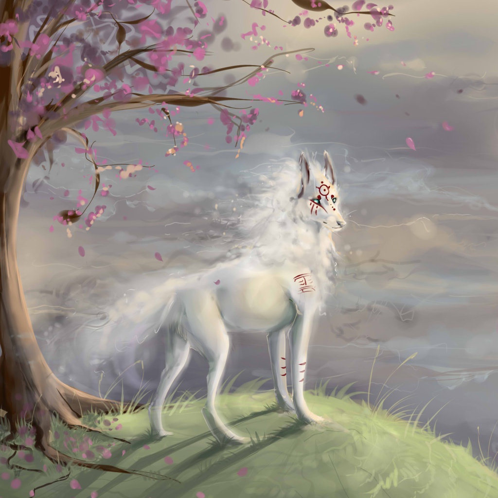 Fondo de pantalla Art Wolf and Sakura 1024x1024
