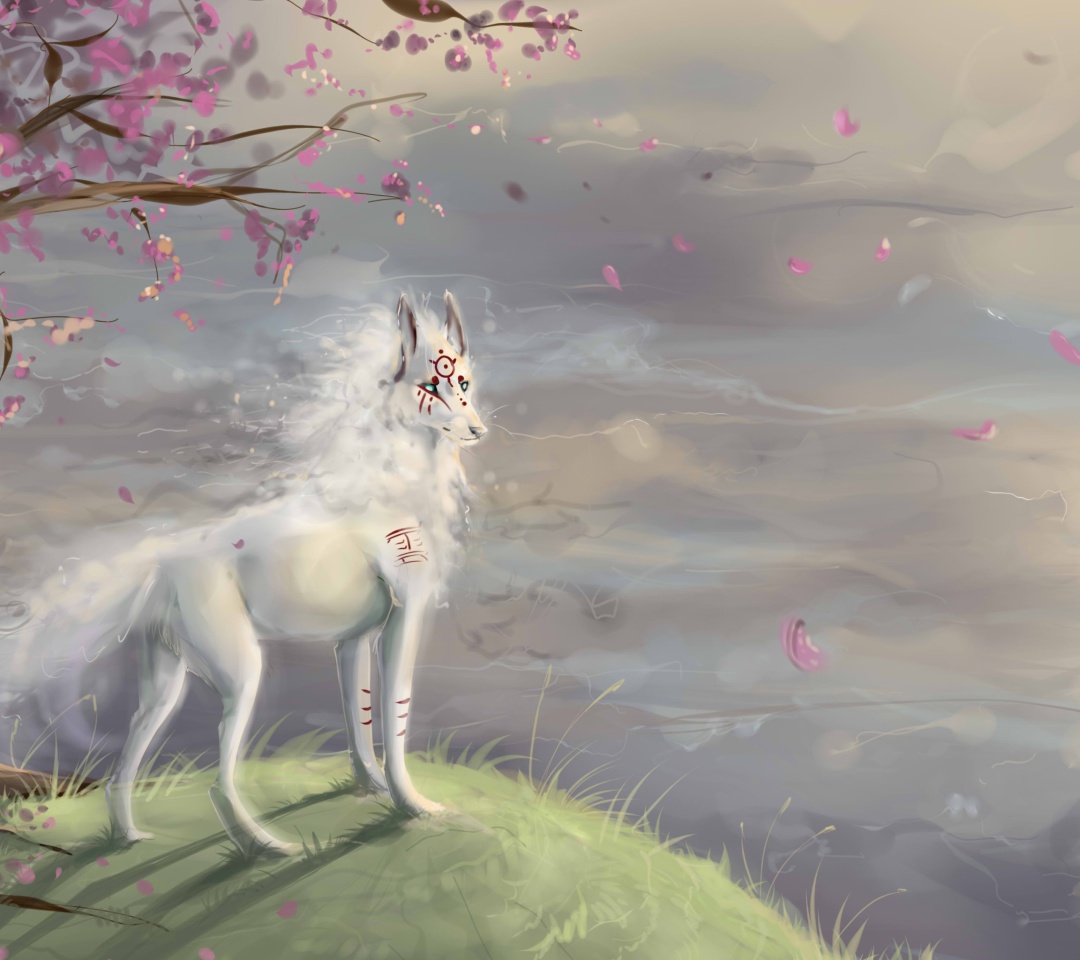 Fondo de pantalla Art Wolf and Sakura 1080x960