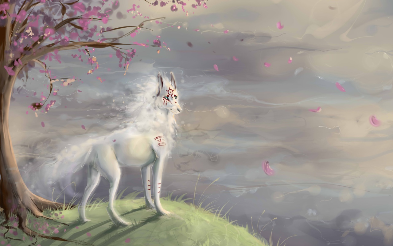 Screenshot №1 pro téma Art Wolf and Sakura 1280x800