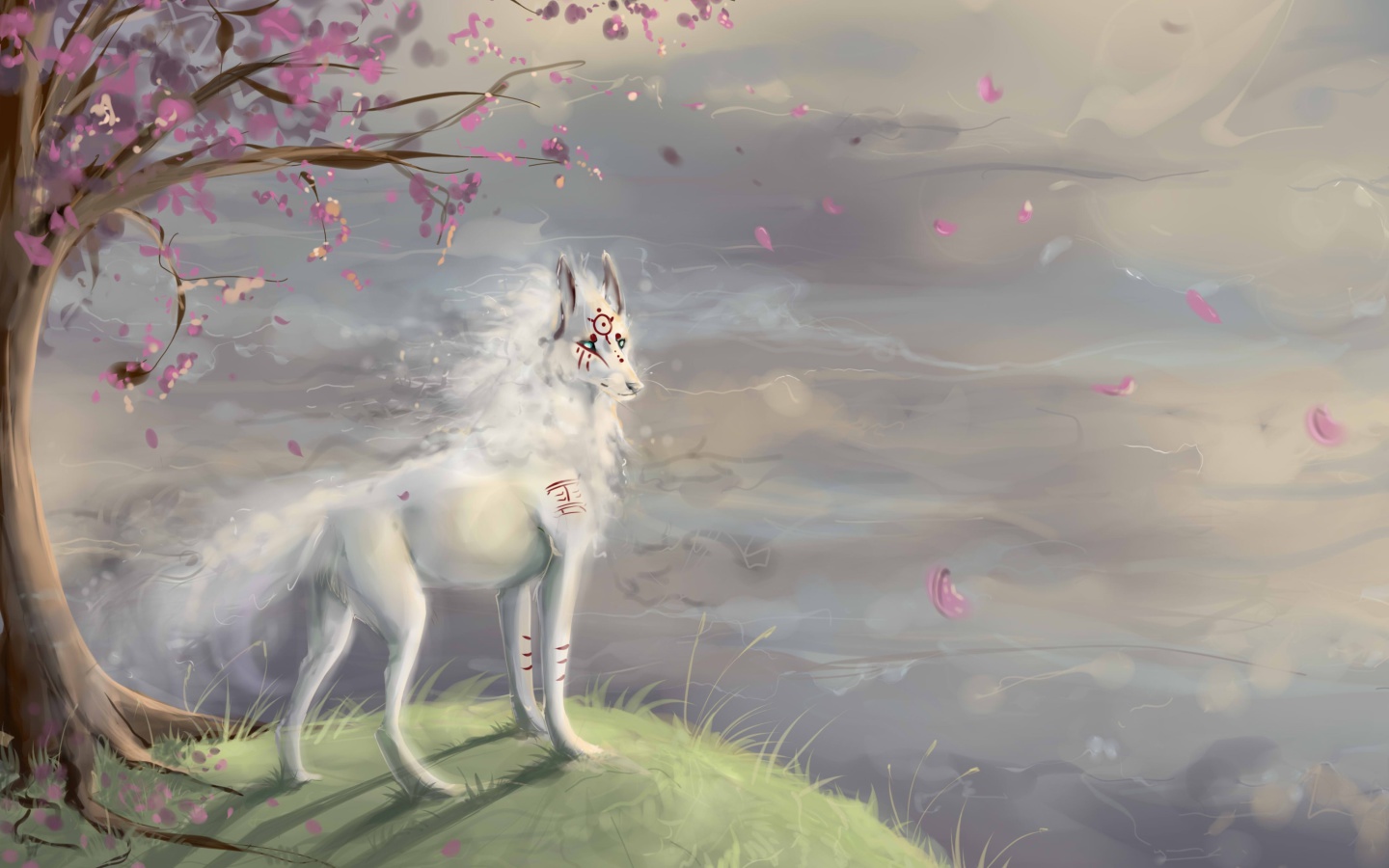 Обои Art Wolf and Sakura 1440x900