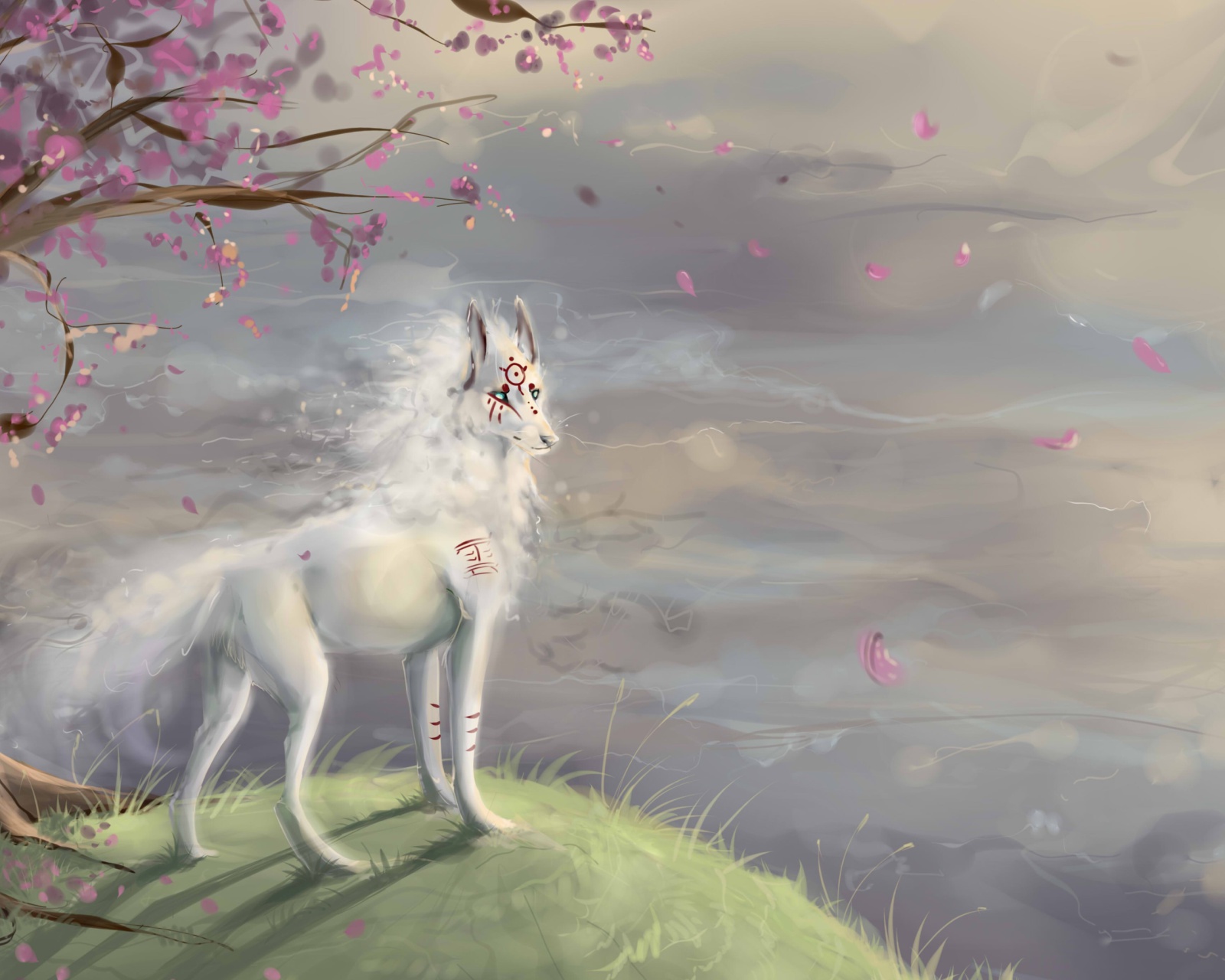 Art Wolf and Sakura wallpaper 1600x1280