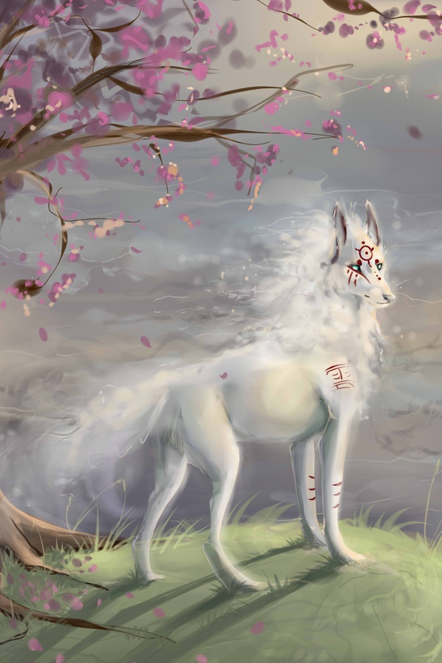 Das Art Wolf and Sakura Wallpaper 640x960
