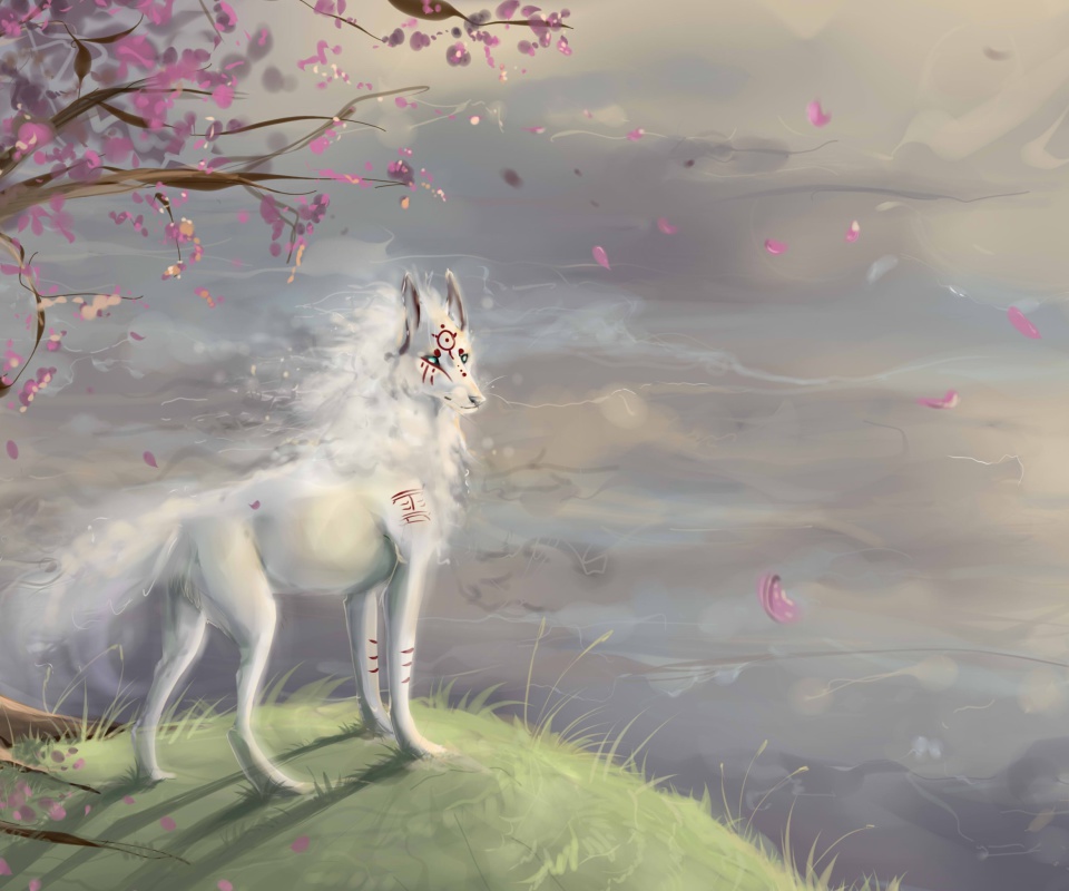 Art Wolf and Sakura wallpaper 960x800