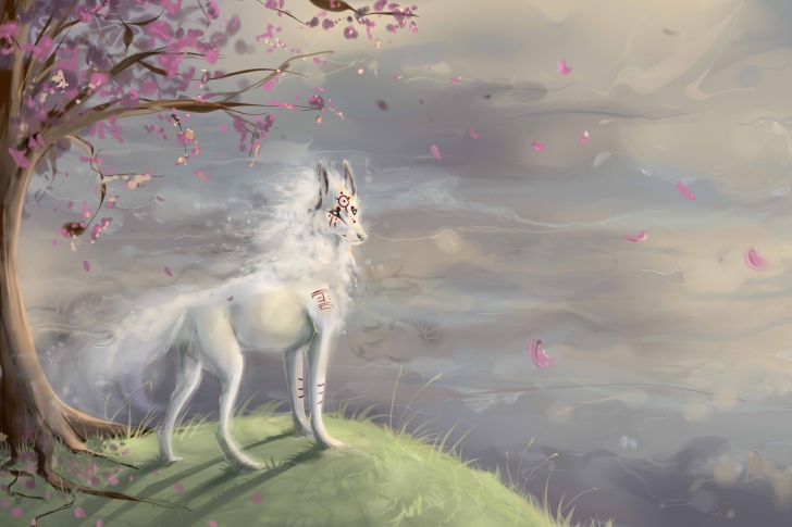 Das Art Wolf and Sakura Wallpaper