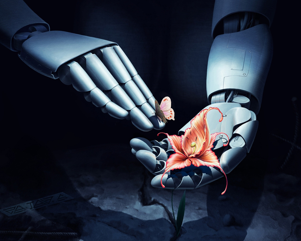 Обои Art Robot Hand with Flower 1280x1024