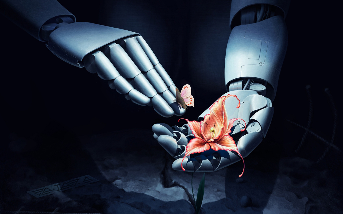 Обои Art Robot Hand with Flower 1440x900