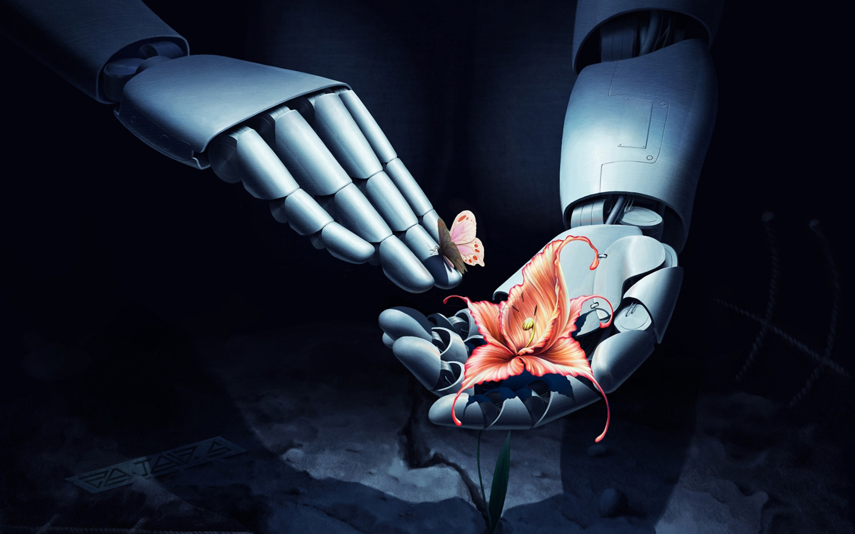 Обои Art Robot Hand with Flower 1680x1050
