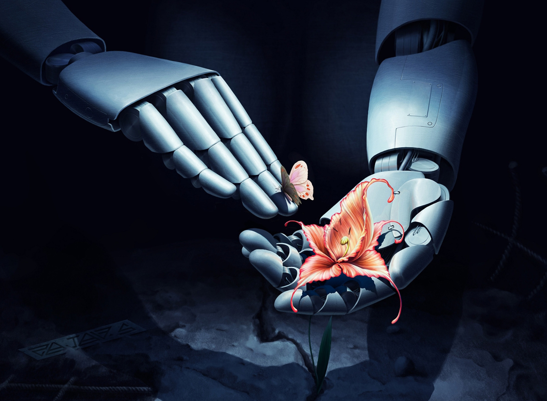 Обои Art Robot Hand with Flower 1920x1408