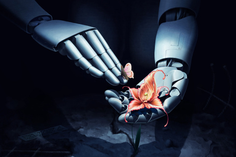 Fondo de pantalla Art Robot Hand with Flower 480x320