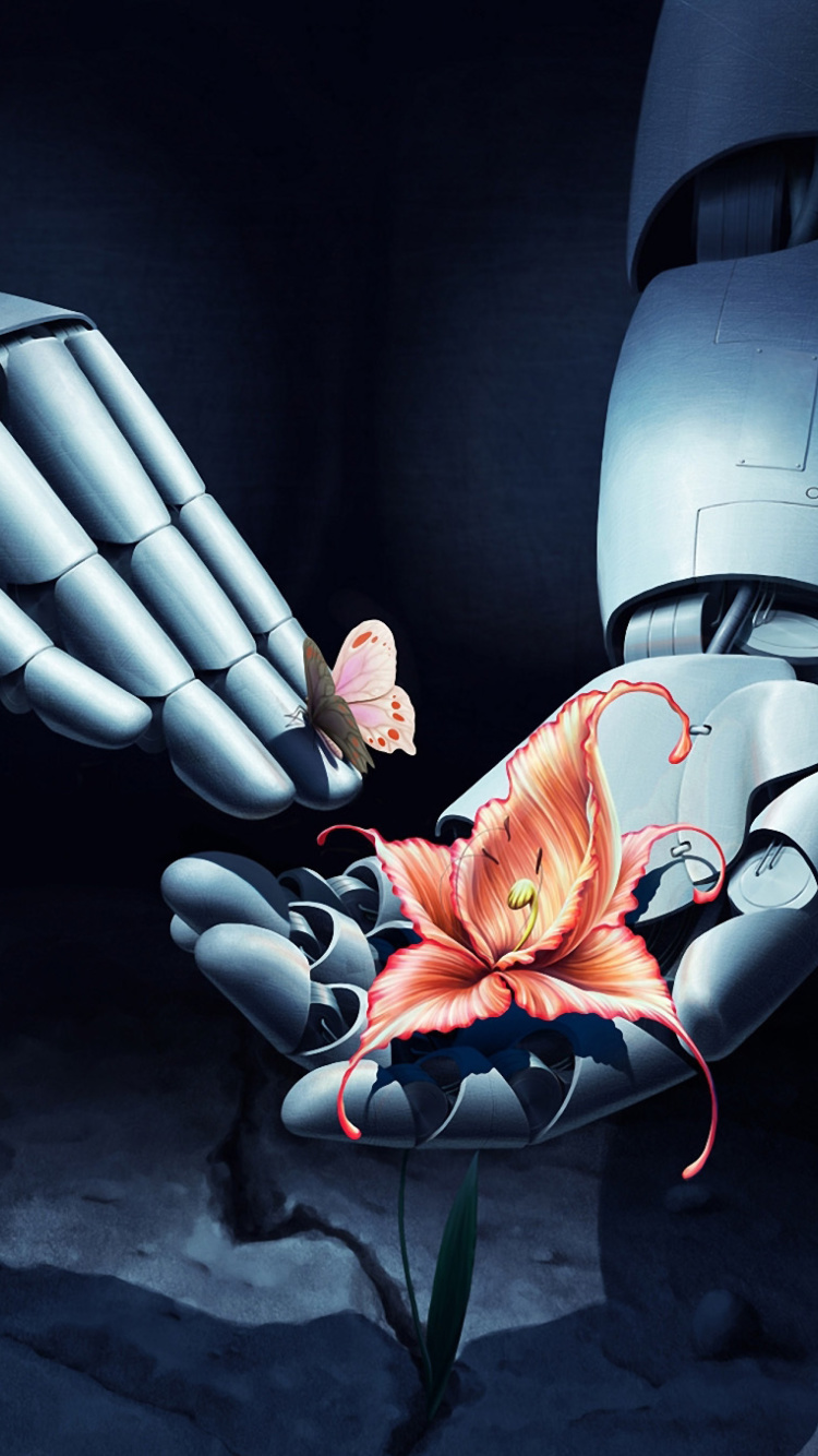 Art Robot Hand with Flower wallpaper 750x1334