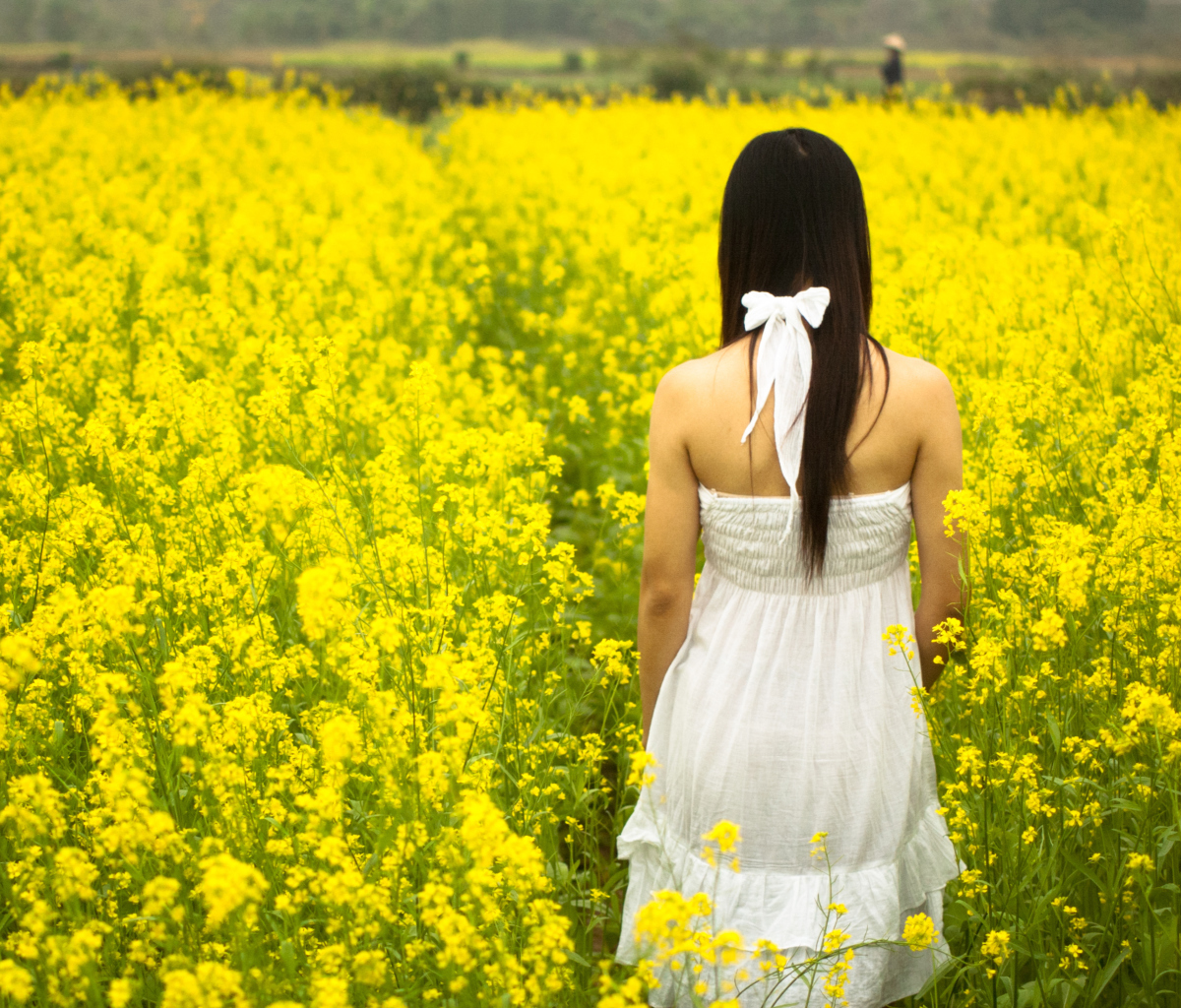 Fondo de pantalla Girl At Yellow Flower Field 1200x1024