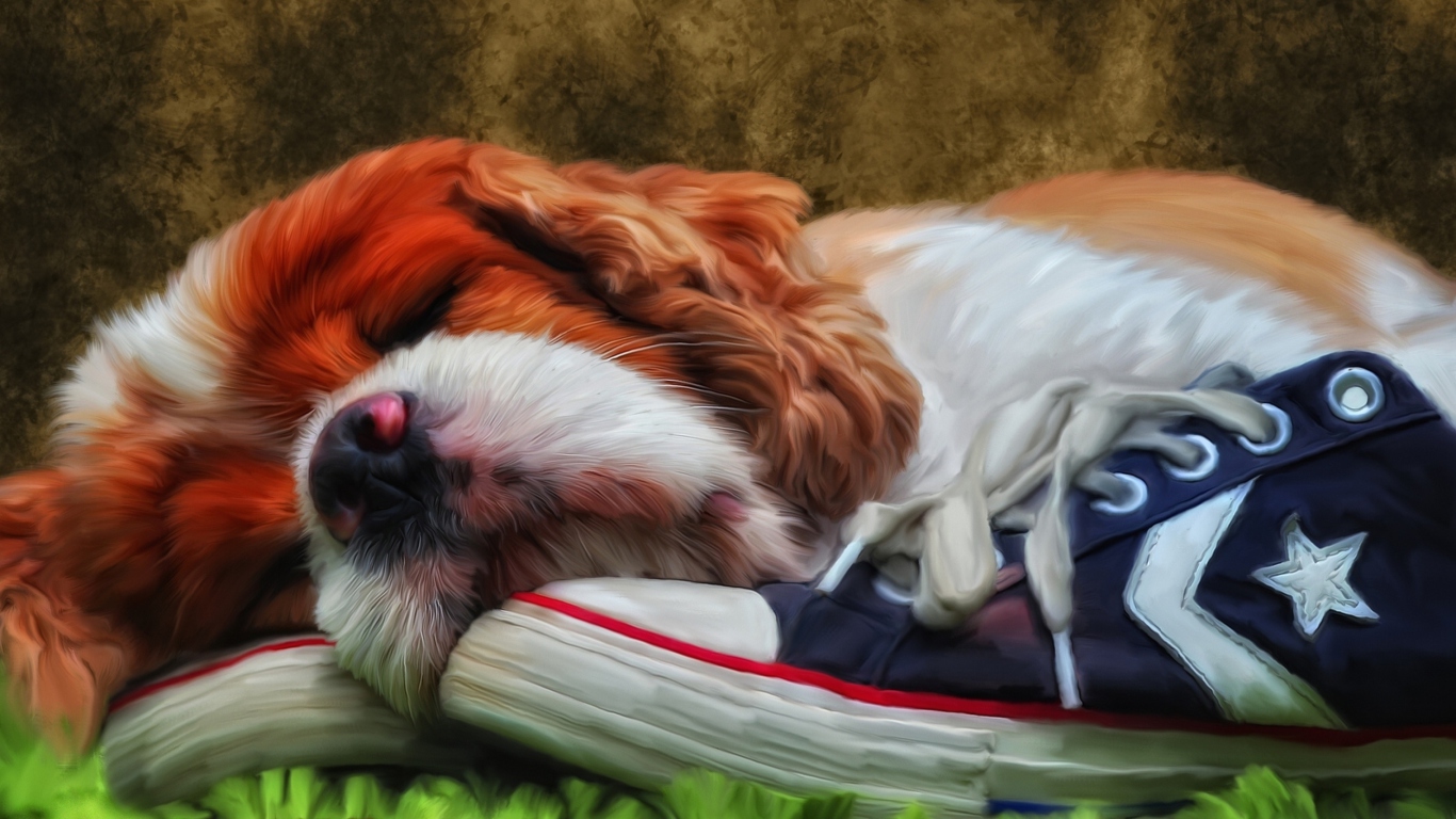 Fondo de pantalla Sleeping Puppy Painting 1366x768