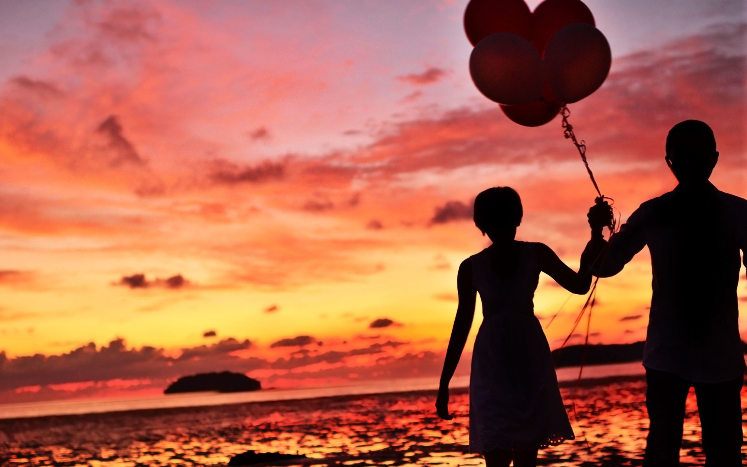 Обои Couple With Balloons Silhouette At Sunset 2560x1600