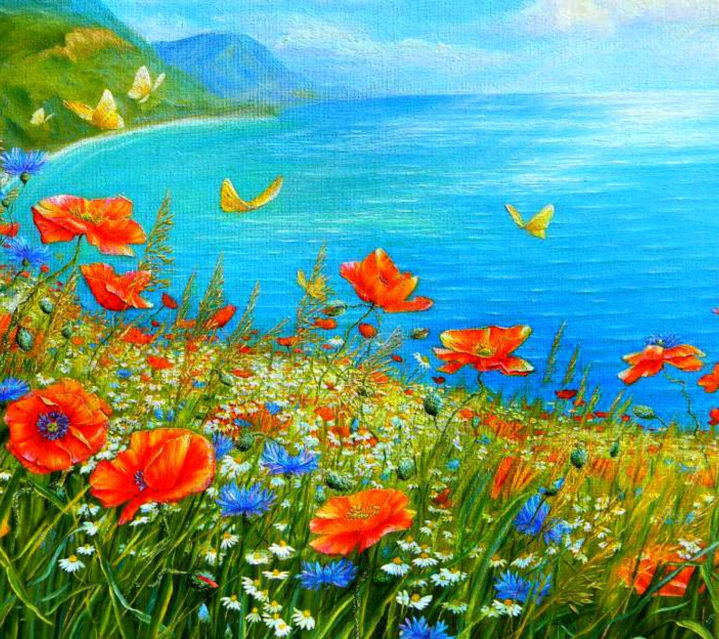 Обои Summer Meadow By Sea Painting 1440x1280