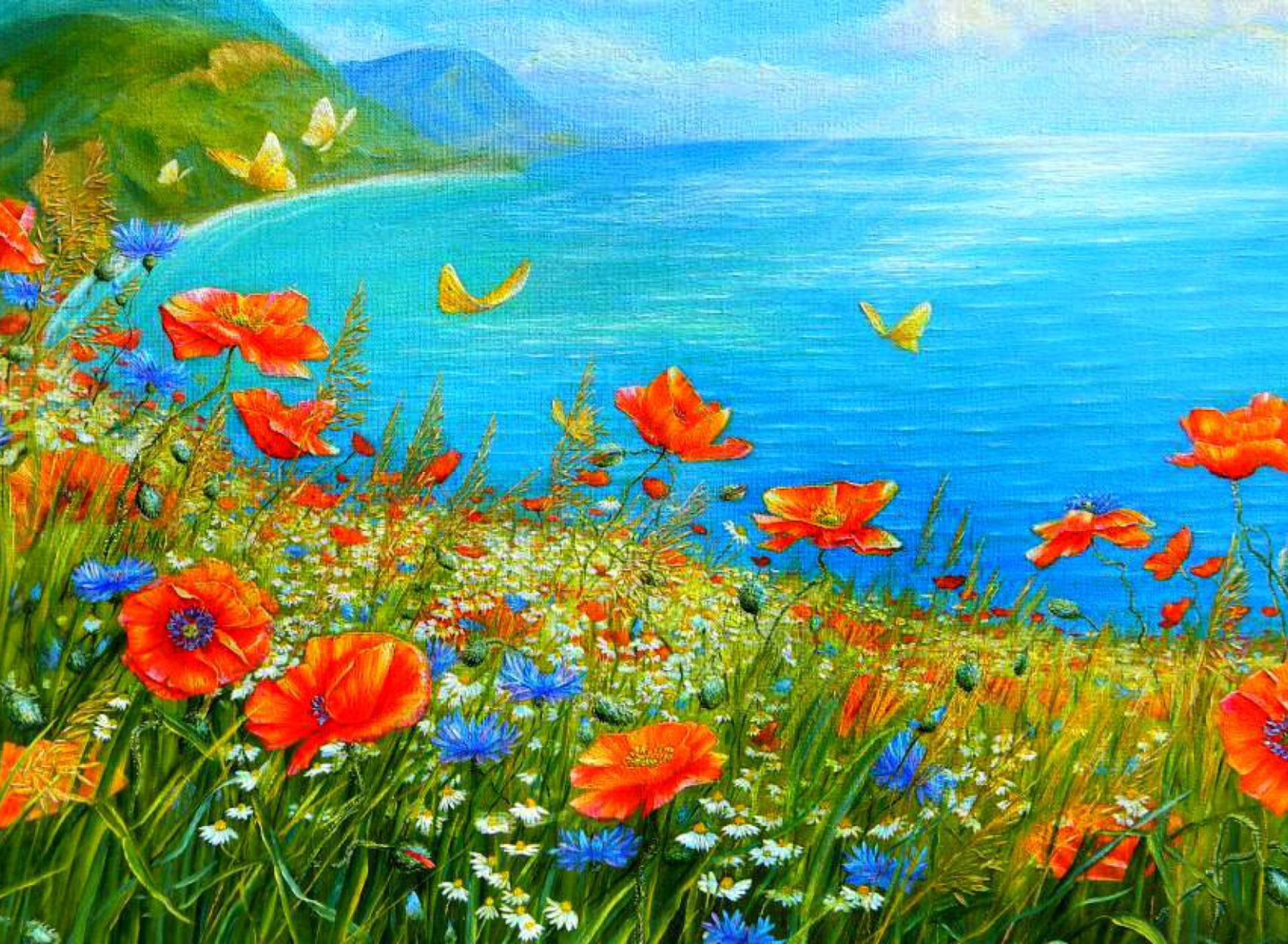 Summer Meadow By Sea Painting wallpaper 1920x1408
