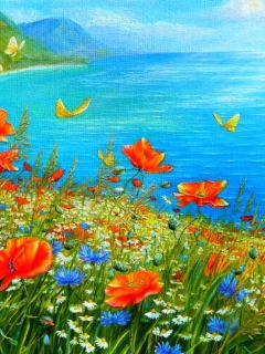Summer Meadow By Sea Painting screenshot #1 240x320