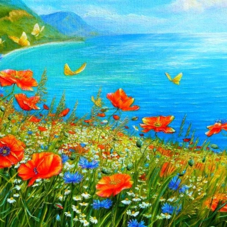 Kostenloses Summer Meadow By Sea Painting Wallpaper für iPad mini