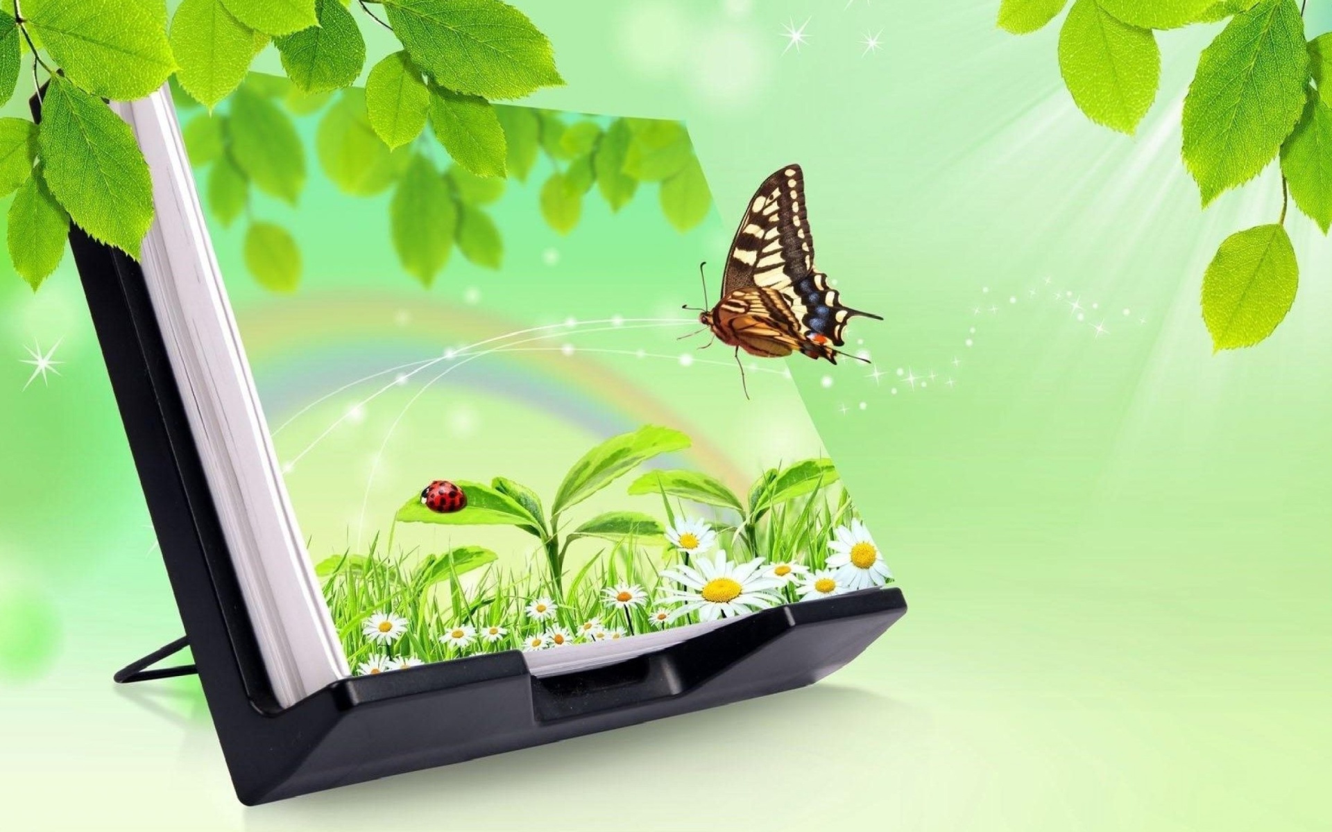 Das 3D Green Nature with Butterfly Wallpaper 1920x1200