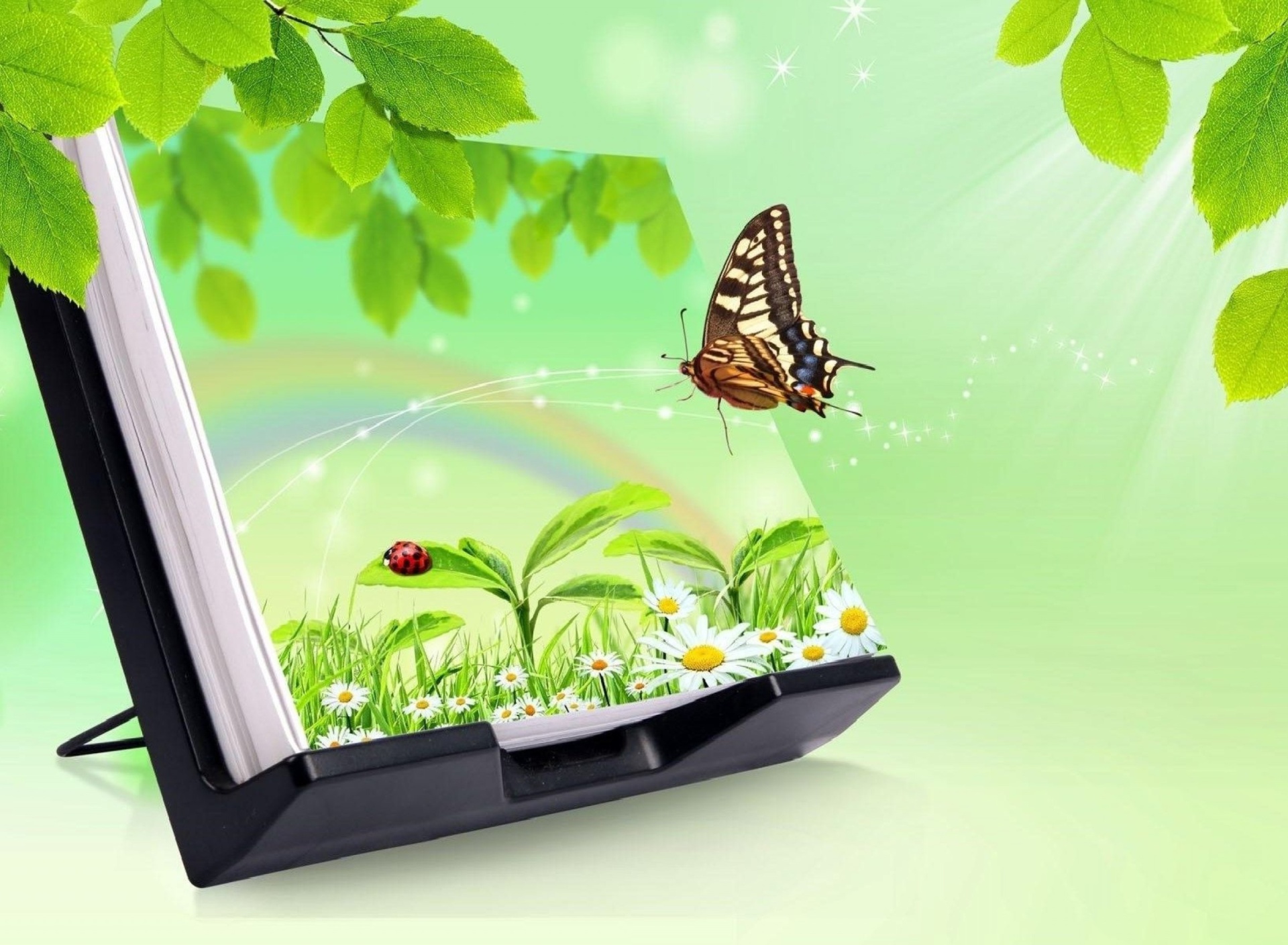 Fondo de pantalla 3D Green Nature with Butterfly 1920x1408