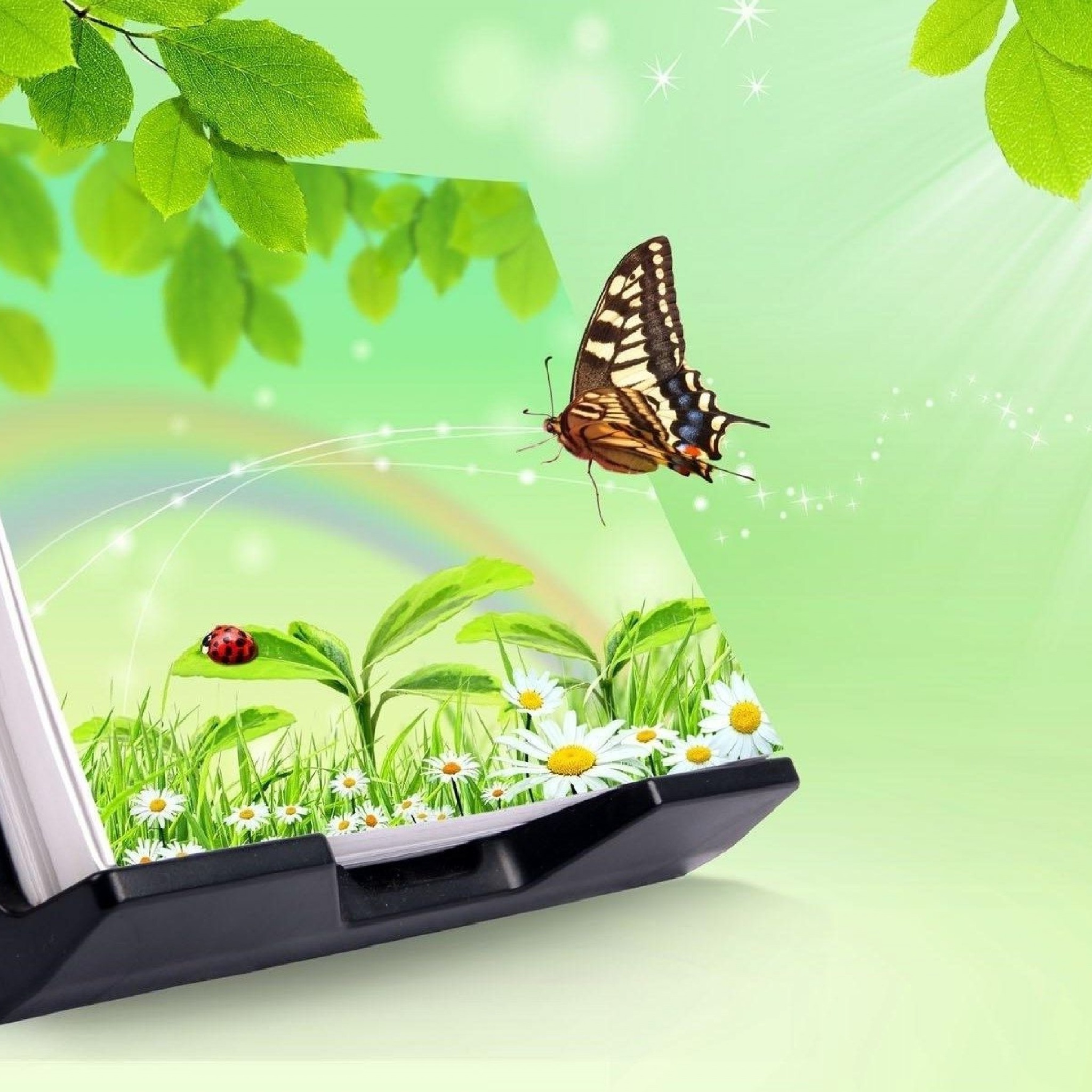 Fondo de pantalla 3D Green Nature with Butterfly 2048x2048