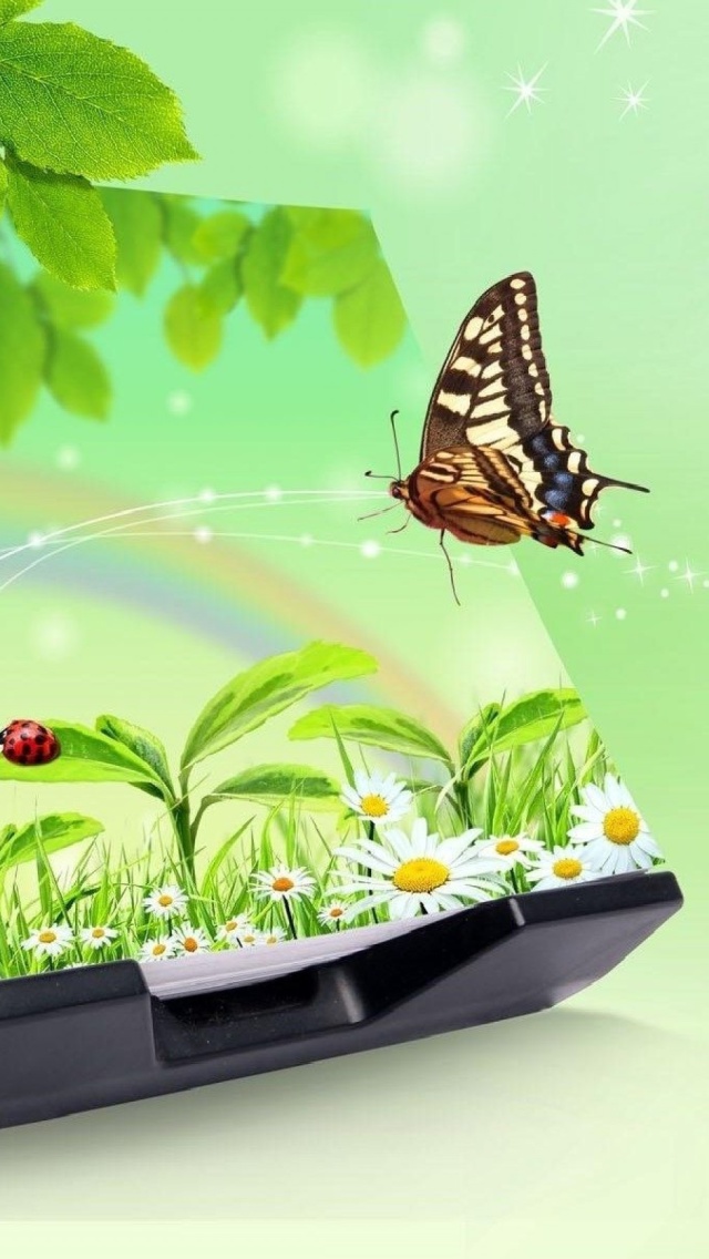 Sfondi 3D Green Nature with Butterfly 640x1136