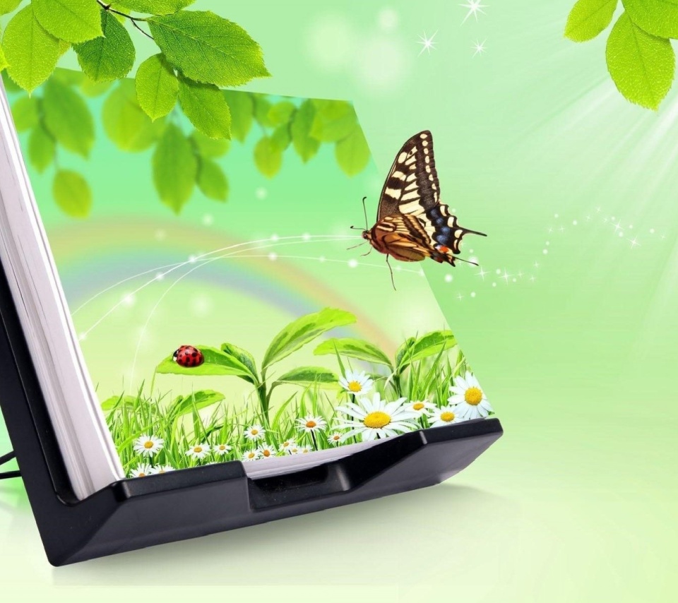 Fondo de pantalla 3D Green Nature with Butterfly 960x854