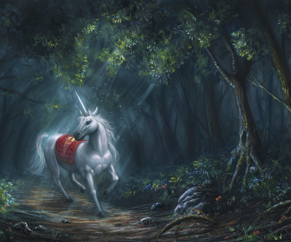 Fondo de pantalla Unicorn In Fantasy Forest 960x800