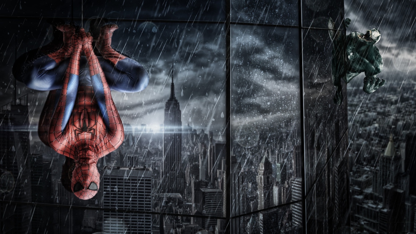Обои Spiderman Under Rain 1366x768