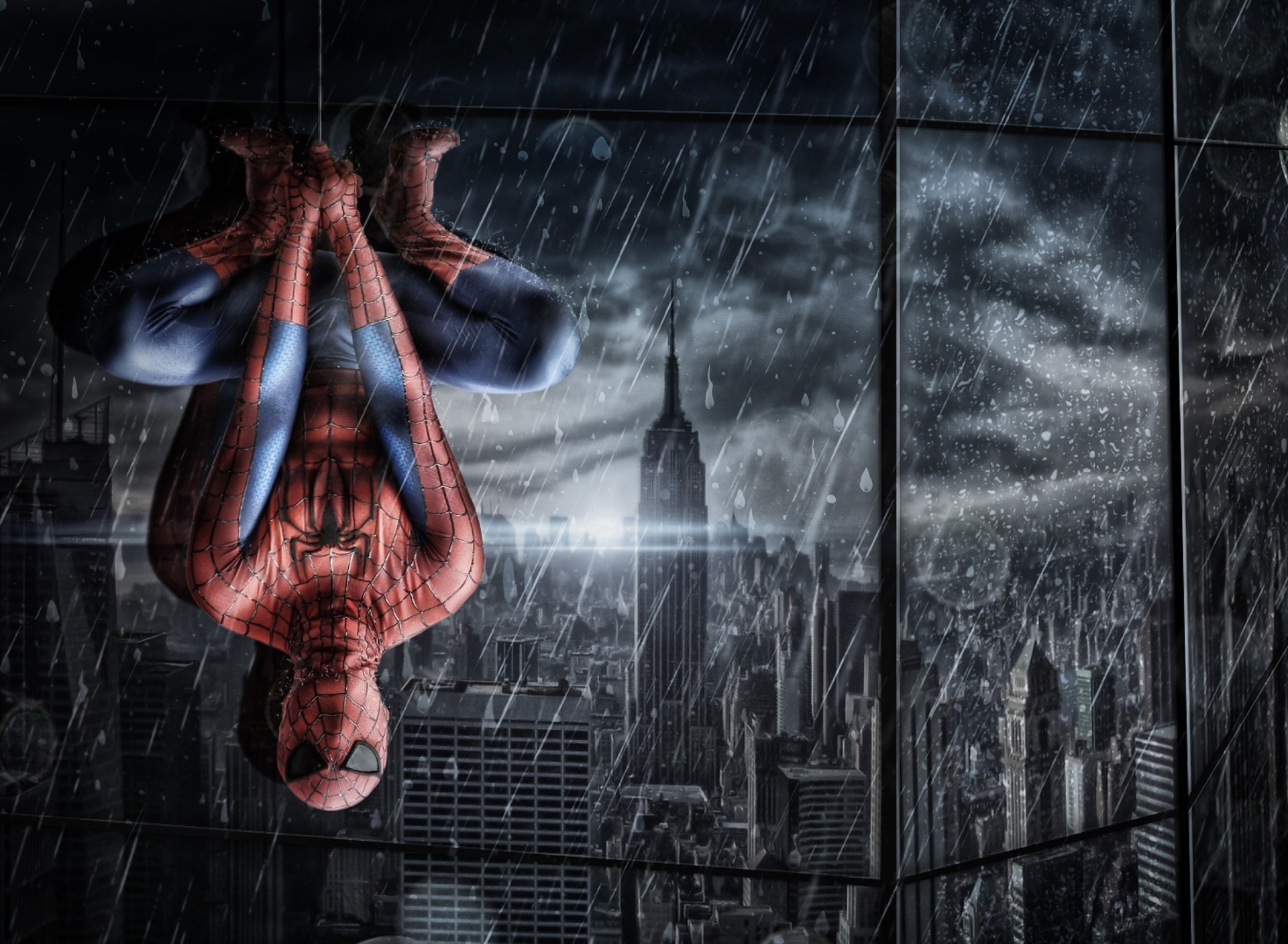 Обои Spiderman Under Rain 1920x1408