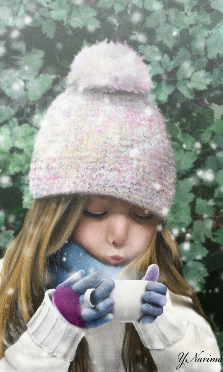 Girl With Cup Of Hot Tea Painting wallpaper 768x1280