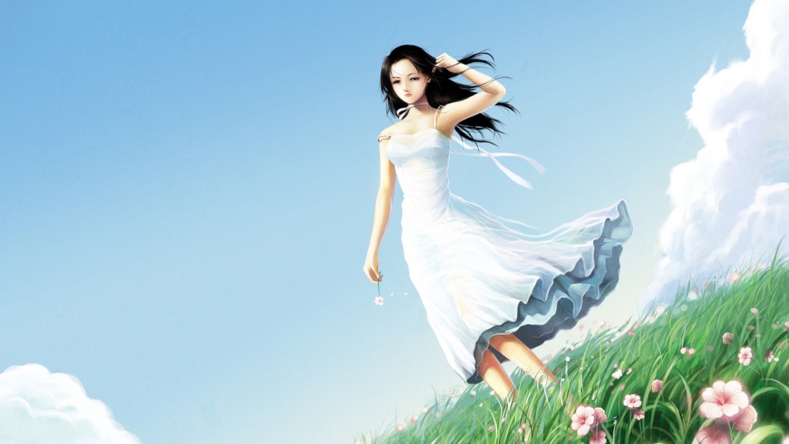 Fondo de pantalla Girl In Blue Dress In Flower Field 1600x900