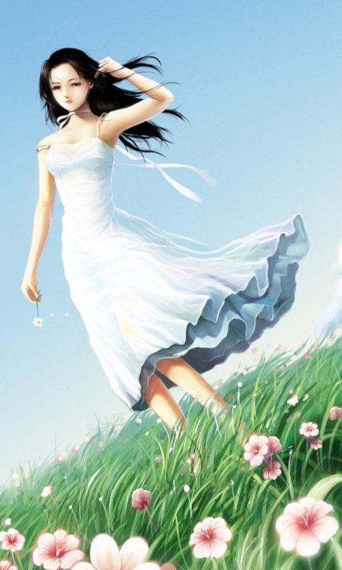 Girl In Blue Dress In Flower Field wallpaper 480x800