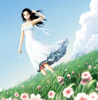 Kostenloses Girl In Blue Dress In Flower Field Wallpaper für 1024x1024