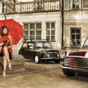 Screenshot №1 pro téma Girl With Red Umbrella And Vintage Mini Cooper 128x128