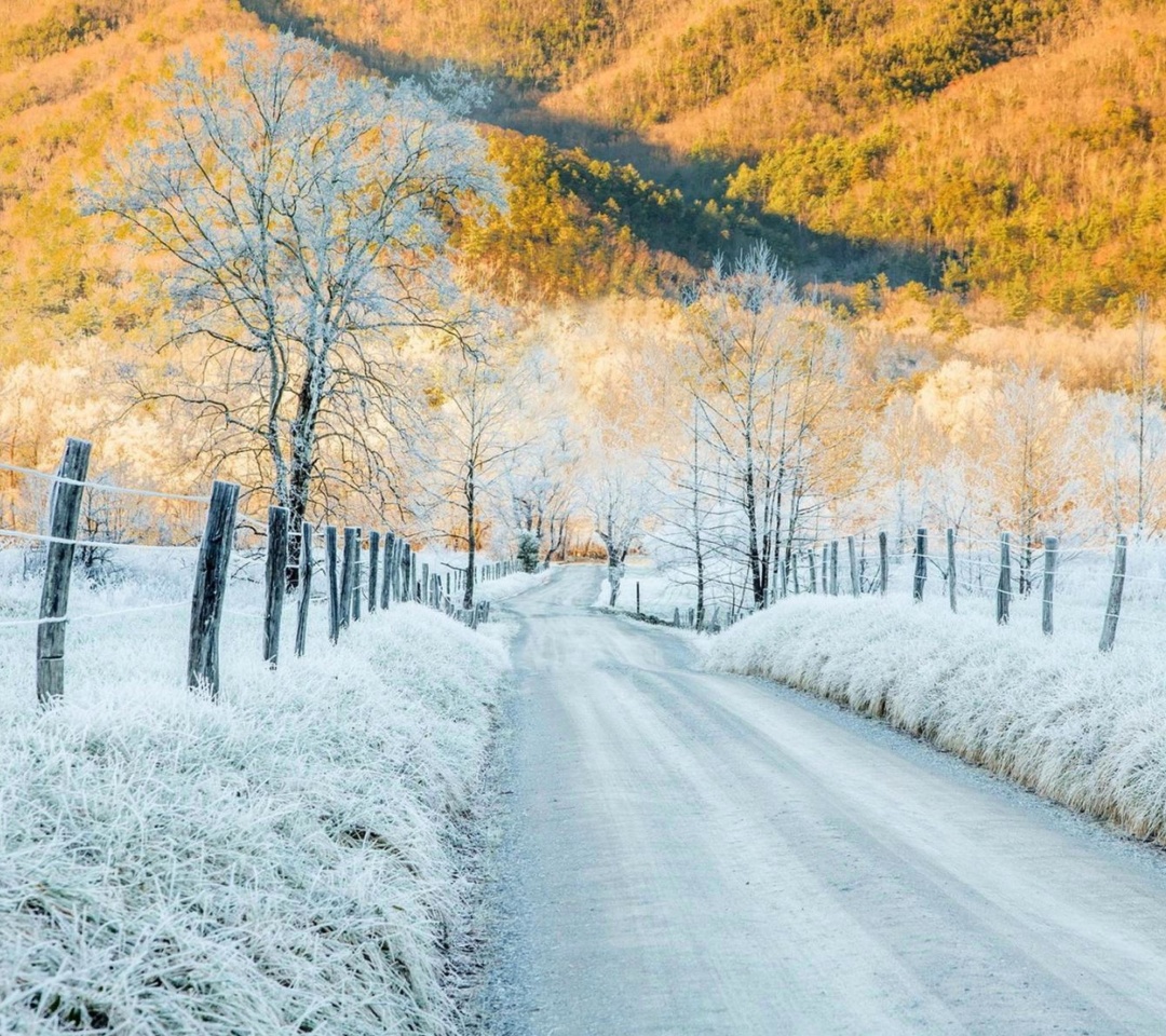 Winter road in frost wallpaper 1080x960