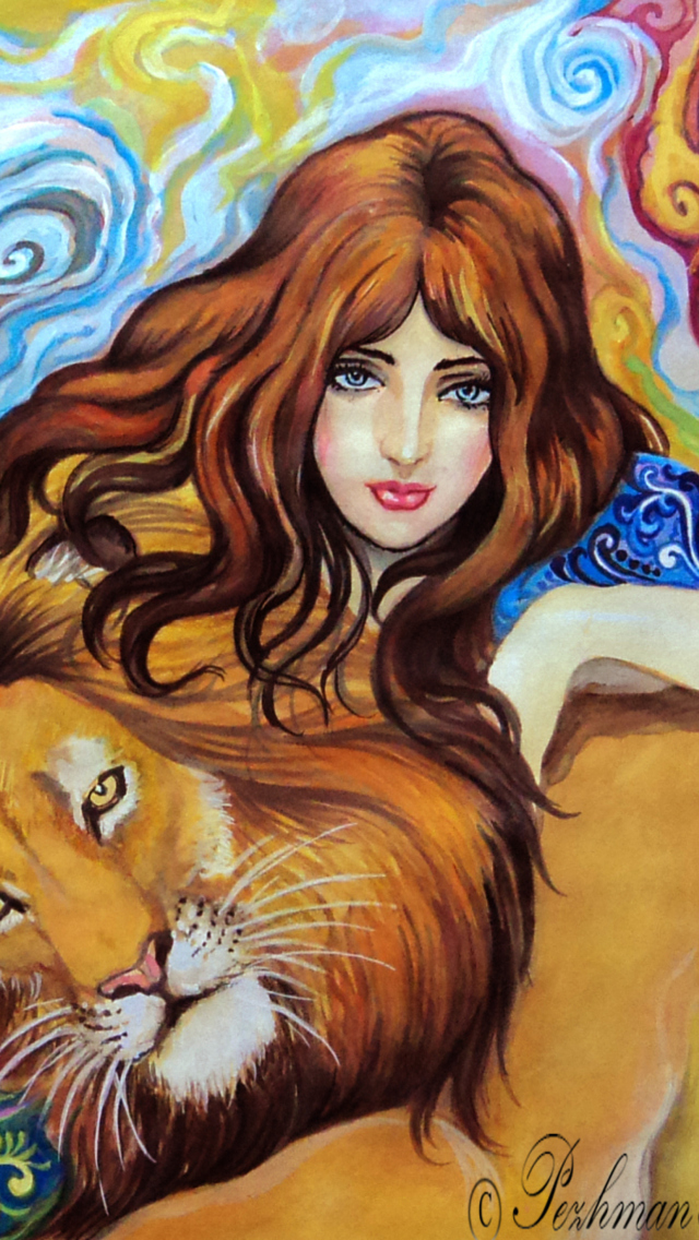 Girl And Lion Painting wallpaper 640x1136