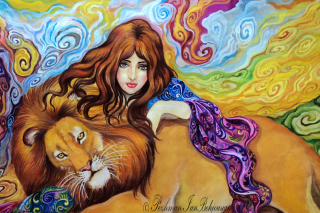 Girl And Lion Painting Background for Android, iPhone and iPad