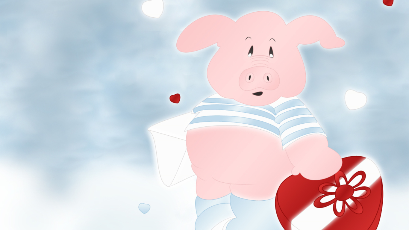 Screenshot №1 pro téma Pink Pig With Heart 1366x768