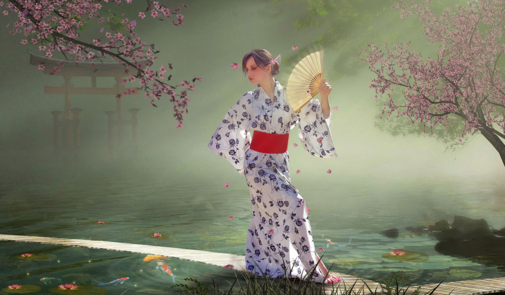 Обои Japanese Girl In Kimono in Sakura Garden 1024x600