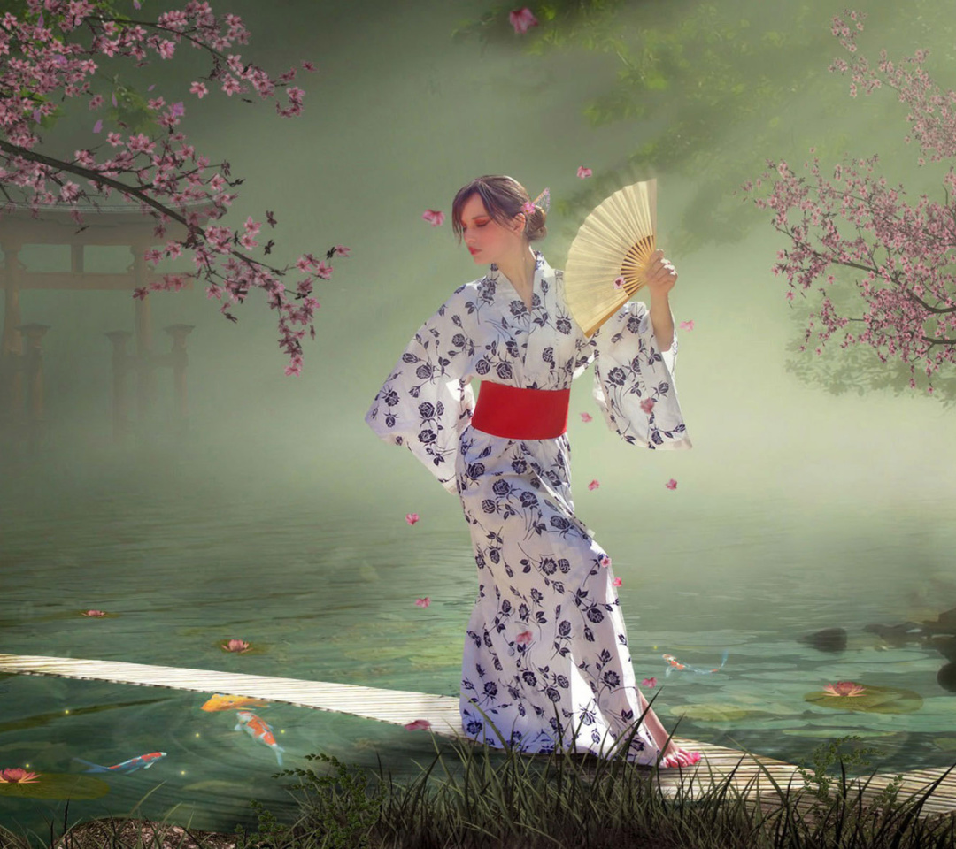 Обои Japanese Girl In Kimono in Sakura Garden 1080x960