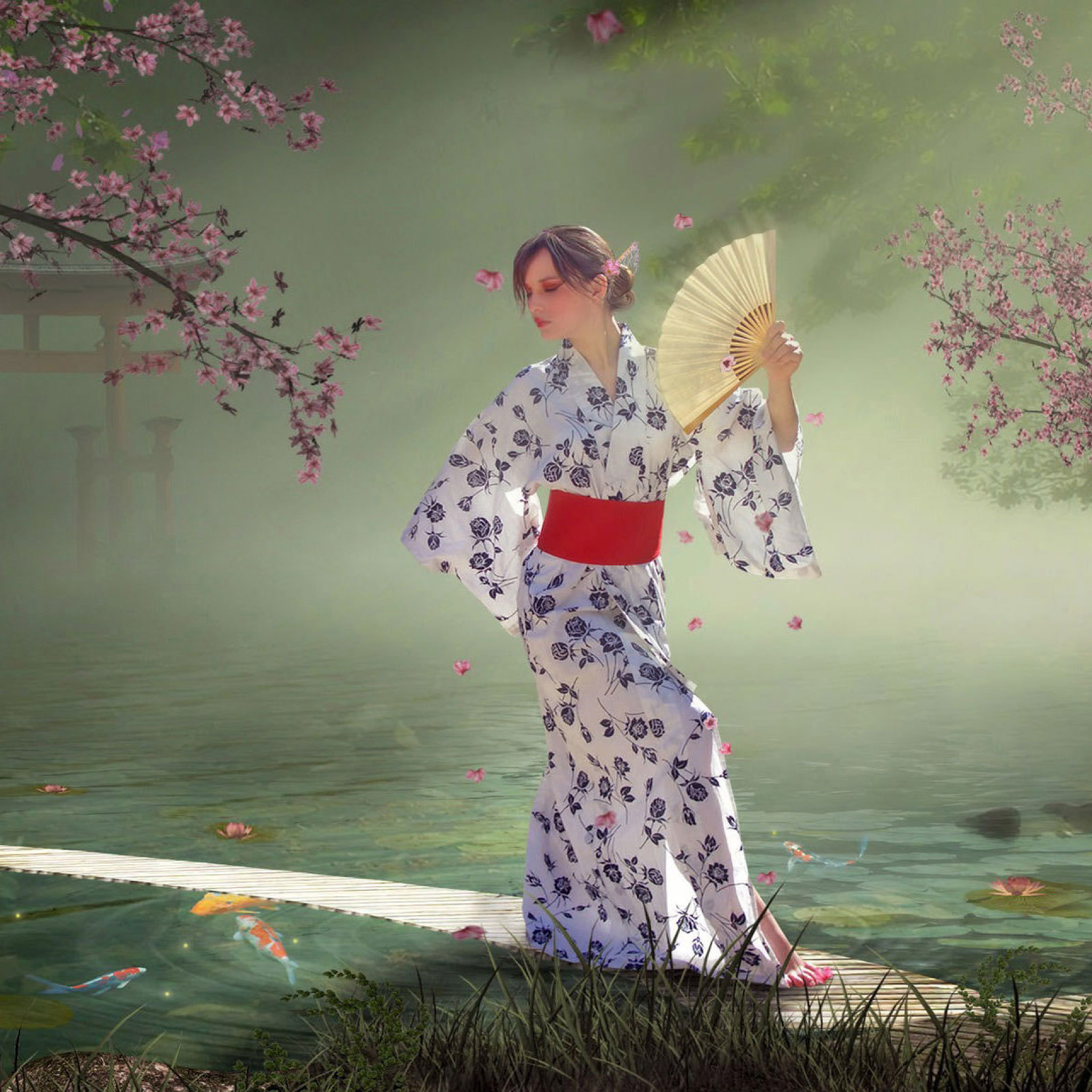 Japanese Girl In Kimono in Sakura Garden wallpaper 2048x2048