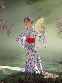 Screenshot №1 pro téma Japanese Girl In Kimono in Sakura Garden 240x320