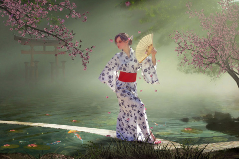 Обои Japanese Girl In Kimono in Sakura Garden 480x320