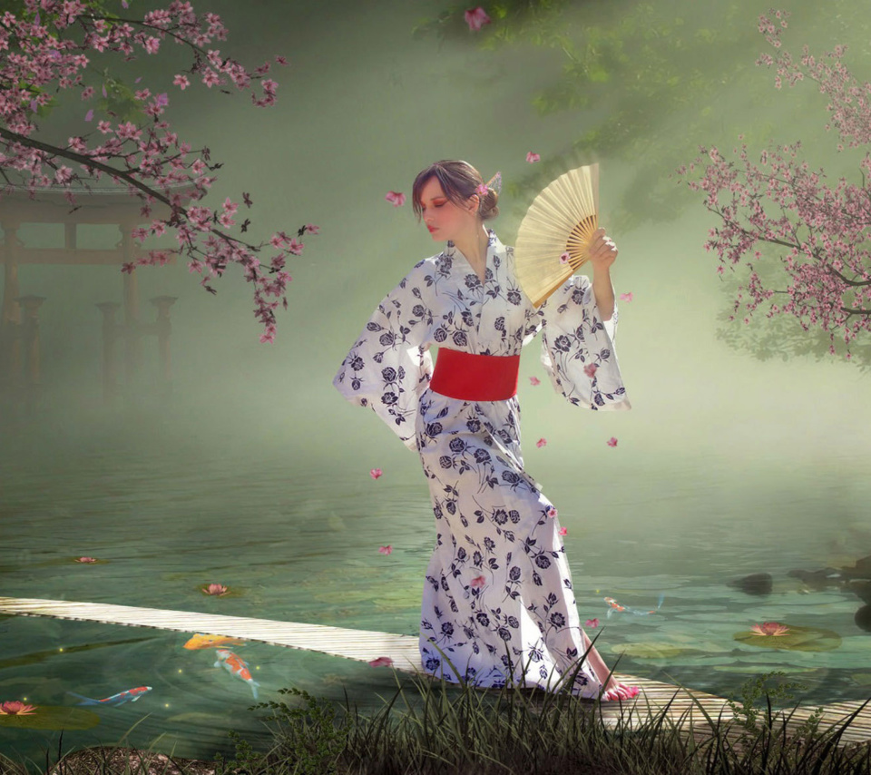 Japanese Girl In Kimono in Sakura Garden wallpaper 960x854