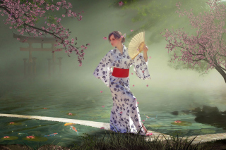Japanese Girl In Kimono in Sakura Garden Wallpaper for Android, iPhone and iPad