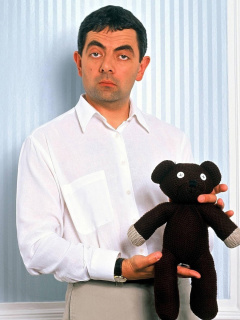Mr Bean with Knitted Brown Teddy Bear wallpaper 240x320