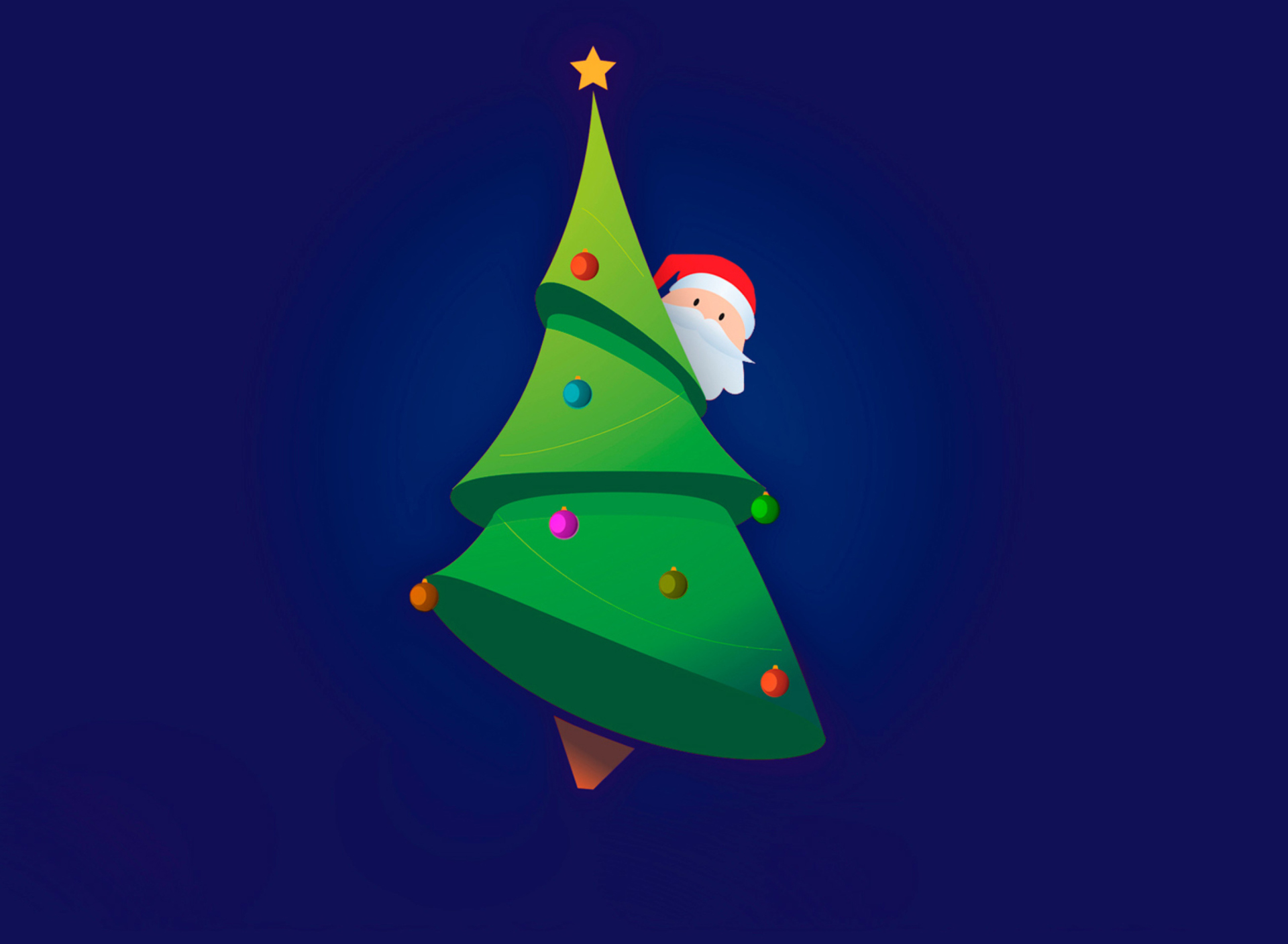 Обои Santa Hising Behind Christmas Tree 1920x1408
